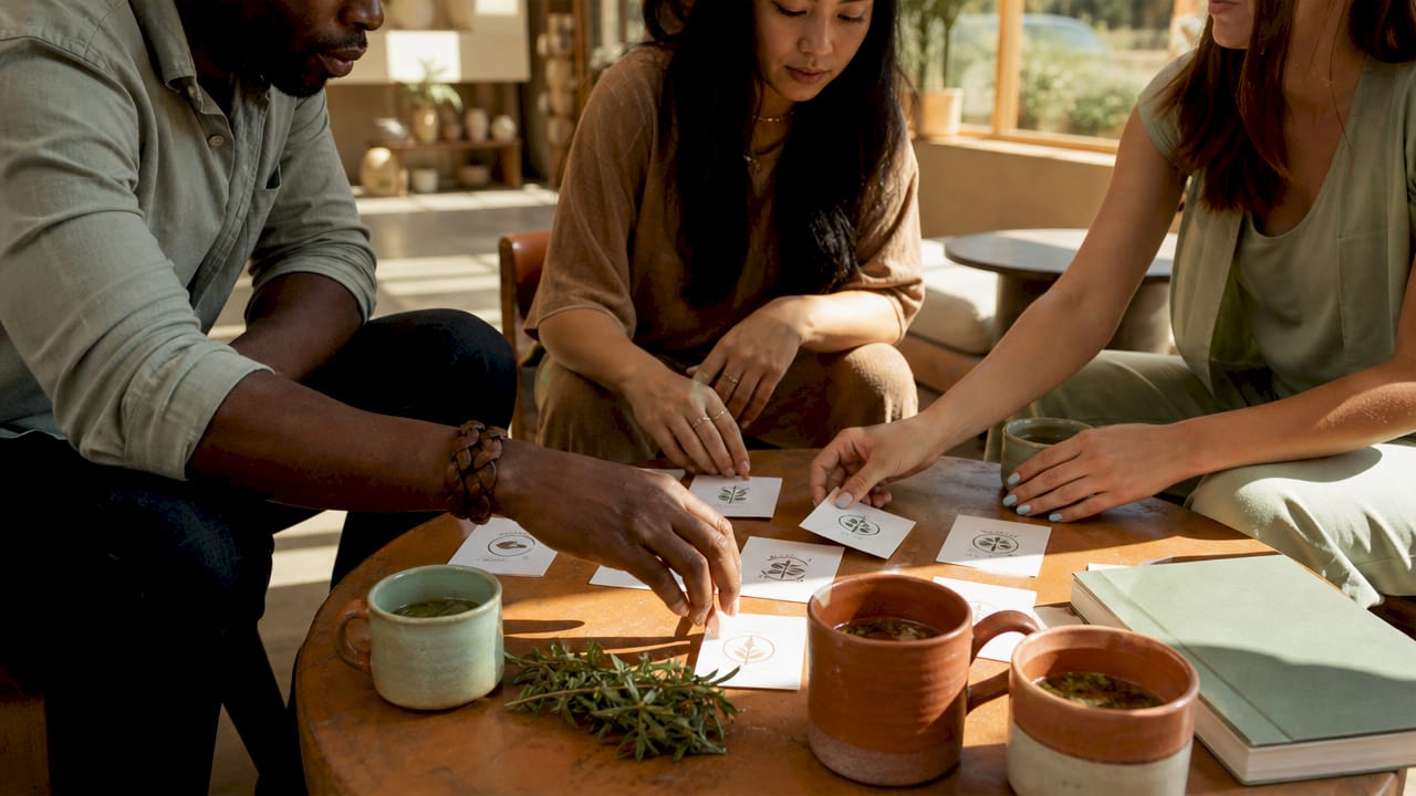 Close-up of diverse hands sorting dietary cards