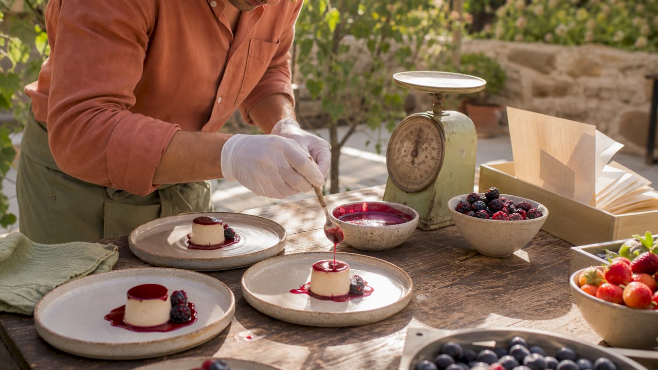 Chef portioning desserts in catering kitchen