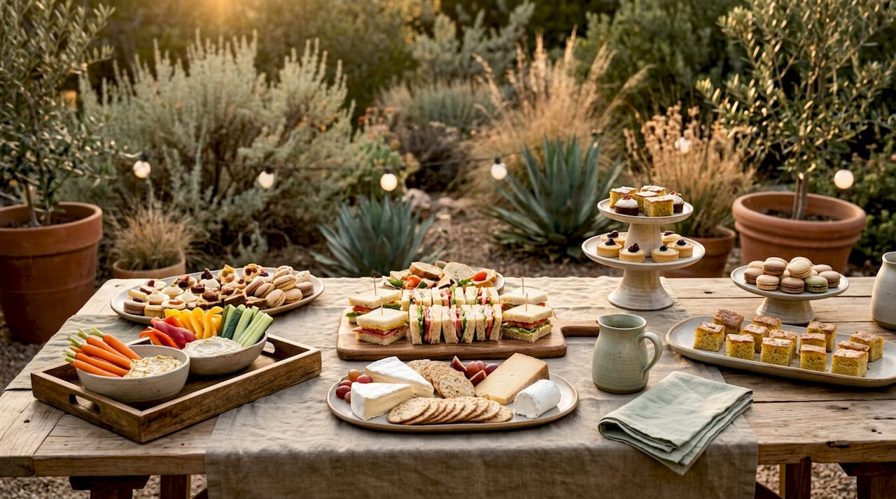 Buffet table with farewell party food spread