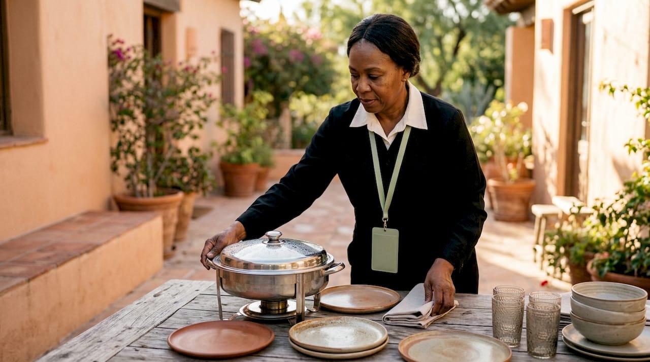Catering staff setting up dishes in boardroom