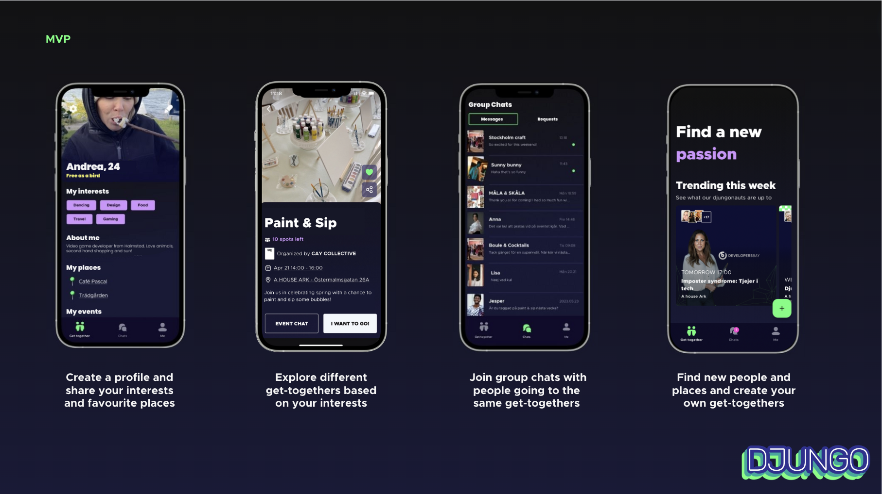 A slide from the pitch deck I created which shows what the Djungo app currently looks like in four app screenshots.