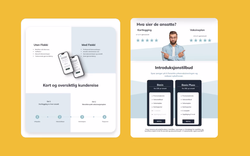 Image of 2 sections from the Flokki landing page