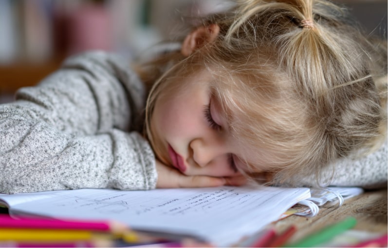 Mädchen ist auf dem Tisch und ihrem Schulheft eingeschlafen 