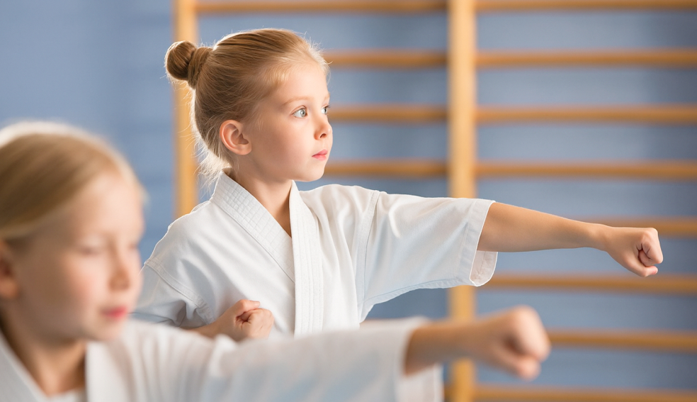 Kind lernt in dem Karatekurs Selbstverteidigung