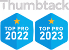 Logo of Thumbtack at the top, featuring the word Thumbtack in a bold font. Below are two blue hexagon badges, one labeled Top Pro 2022 and the other labeled Top Pro 2023, each with a gold star above the text.