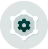 A white circle with a black and white icon of a cogwheel.
