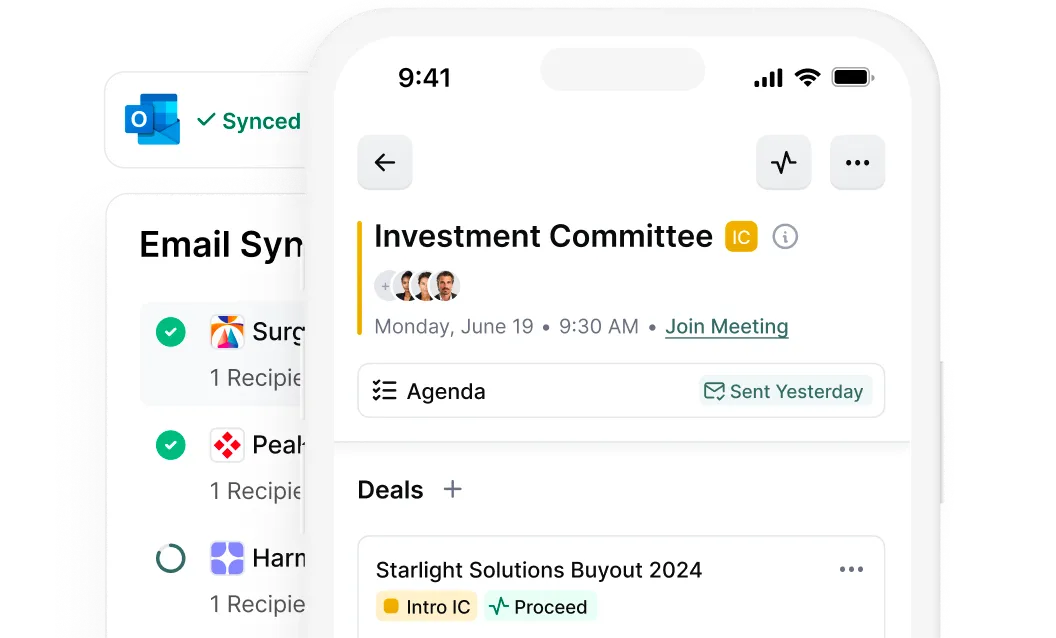 Mobile screen showing an Investment Committee meeting scheduled for Monday, June 19 at 9:30 AM with options to join meeting, view agenda, and details of a deal named Starlight Solutions Buyout 2024.