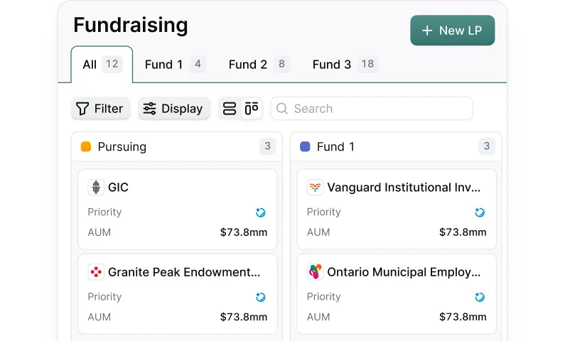 User interface for fundraising dashboard showing tabs for All, Fund 1, Fund 2, Fund 3 with lists of pursing and Fund 1 investments and their AUM values around $73.8 million.
