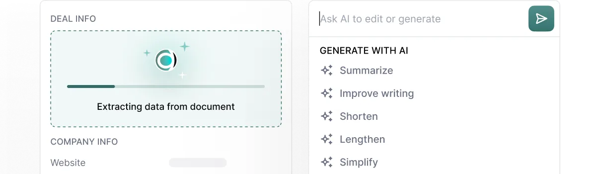 Screenshot of AI-powered interface extracting data from a document with a progress bar and options to summarize, improve writing, shorten, lengthen, or simplify text.