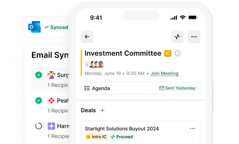 Mobile screen showing an Investment Committee meeting scheduled for Monday, June 19 at 9:30 AM with agenda and deals including Starlight Solutions Buyout 2024; email sync status partially visible behind.