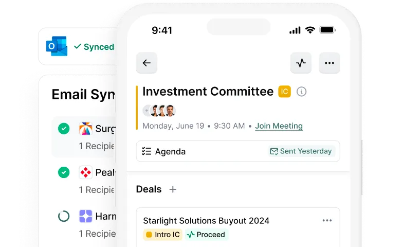 Mobile screen showing Investment Committee meeting scheduled for Monday, June 19 at 9:30 AM with options to join meeting, view agenda, and details of Starlight Solutions Buyout 2024 deal with status tags.