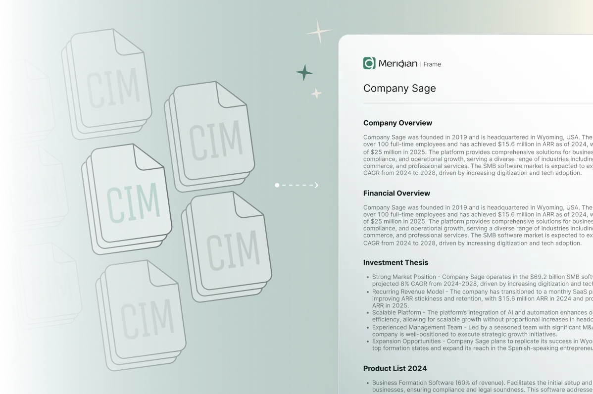 Illustration of multiple documents labeled CIM on the left transitioning to a detailed business overview and investment thesis for Company Sage on the right.