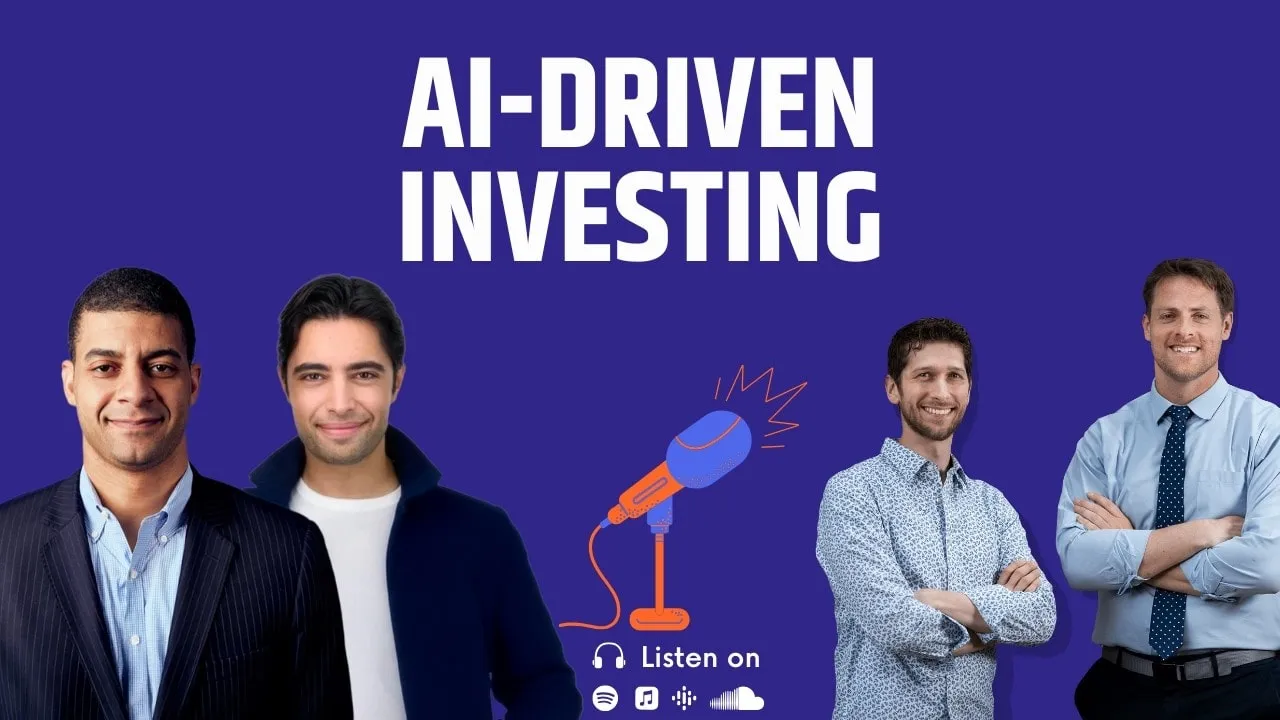 Four men standing with folded arms and smiling, with text 'AI-Driven Investing' above and a microphone icon with podcast platform logos below on a purple background.