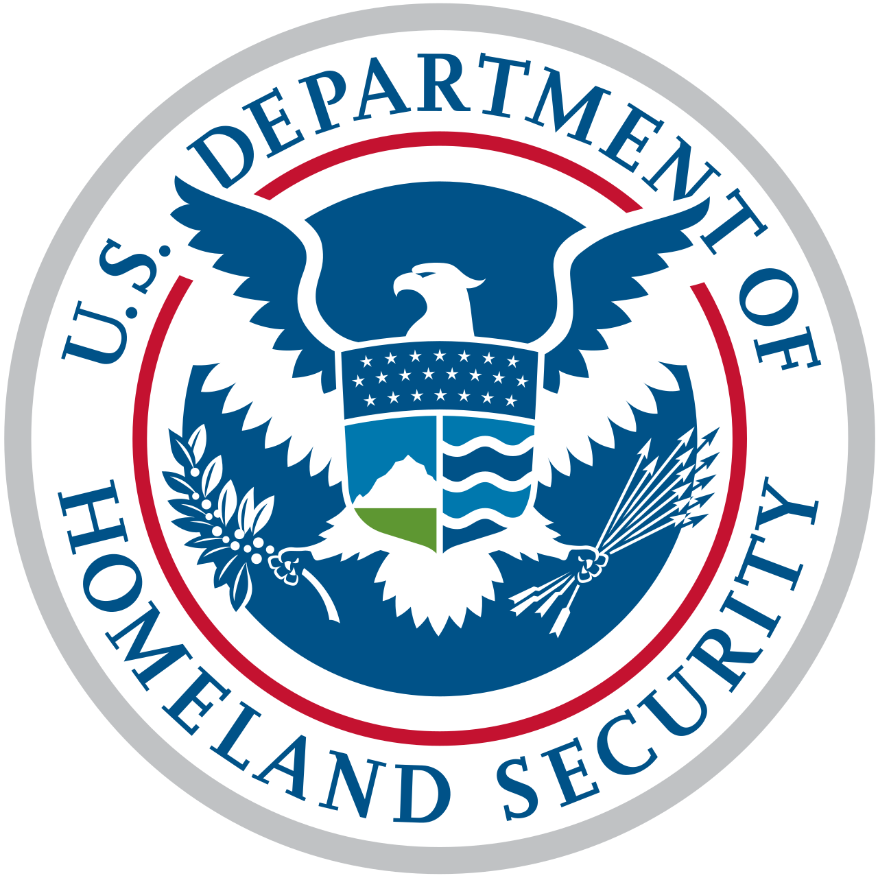 Seal of the U.S. Department of Homeland Security featuring an eagle with outstretched wings holding an olive branch and arrows, with a shield showing mountains and waves.
