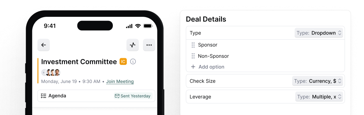 Mobile screen showing an Investment Committee meeting scheduled for Monday, June 19, and a pane with deal details including dropdown for Type with Sponsor and Non-Sponsor options, Check Size in currency, and Leverage as multiple.