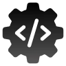 Black gear icon with code brackets inside symbolizing programming or development.