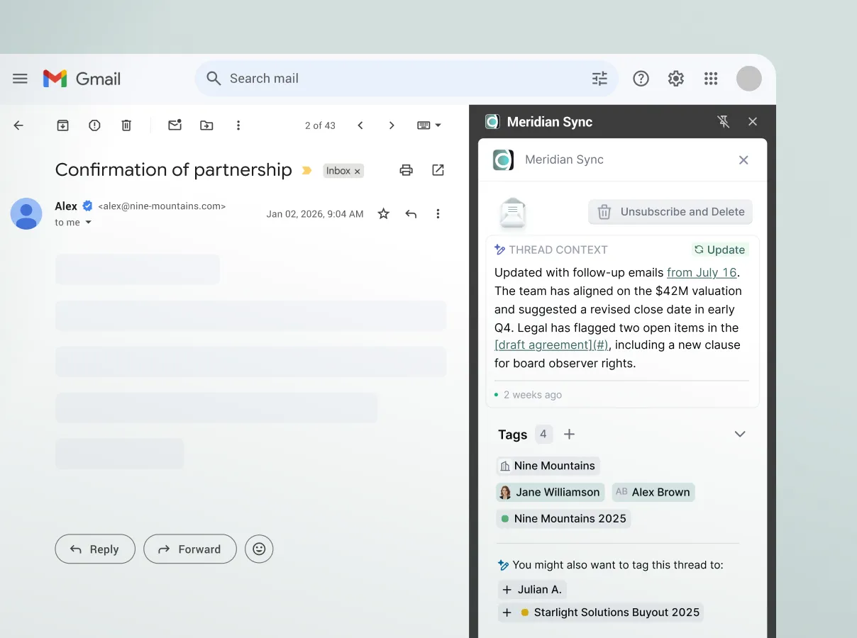 Gmail inbox showing partnership email and Meridian Sync panel with updated thread context and tags.