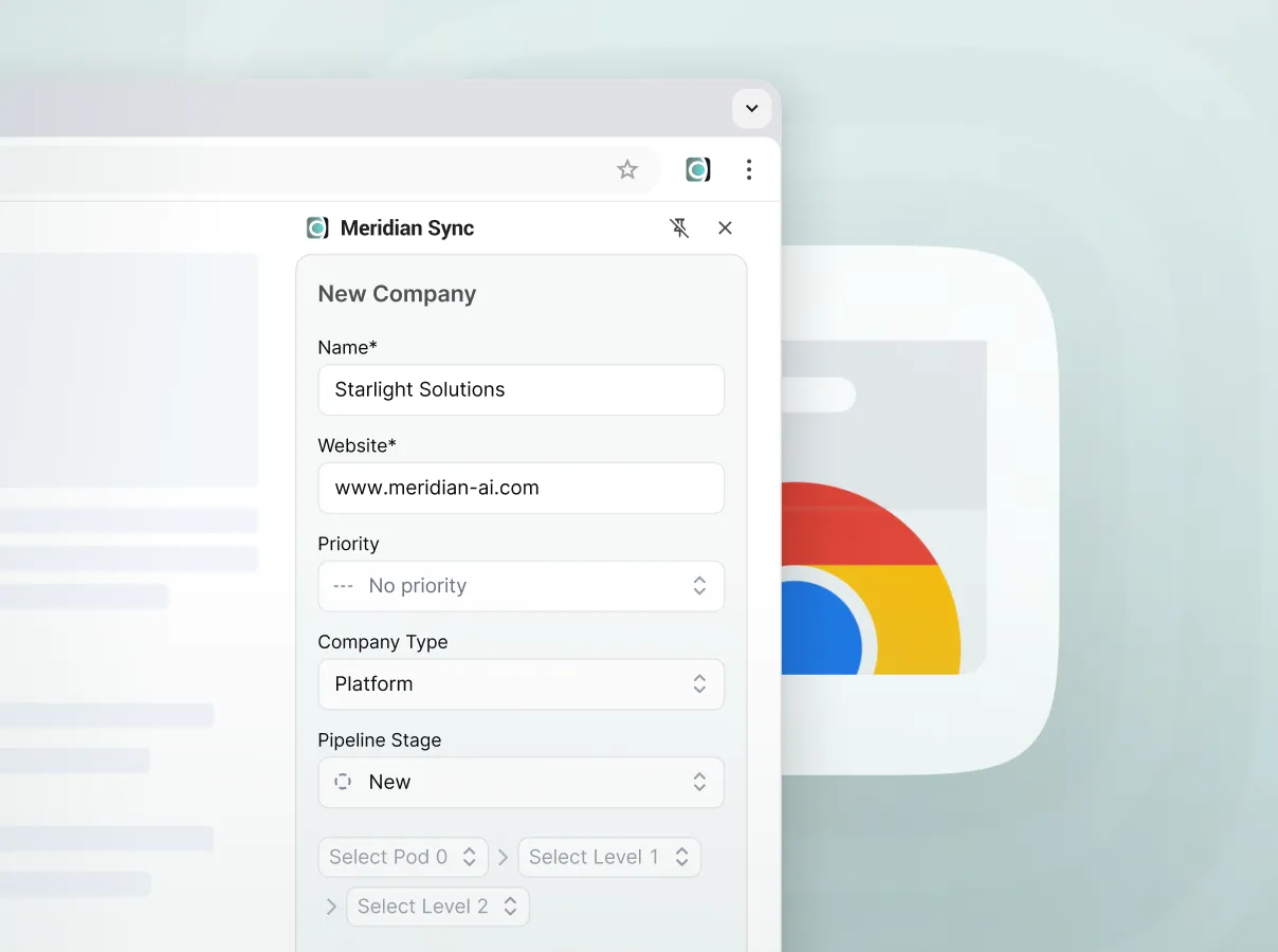 Browser window showing Meridian Sync form to add a new company with fields like name, website, priority, and type.