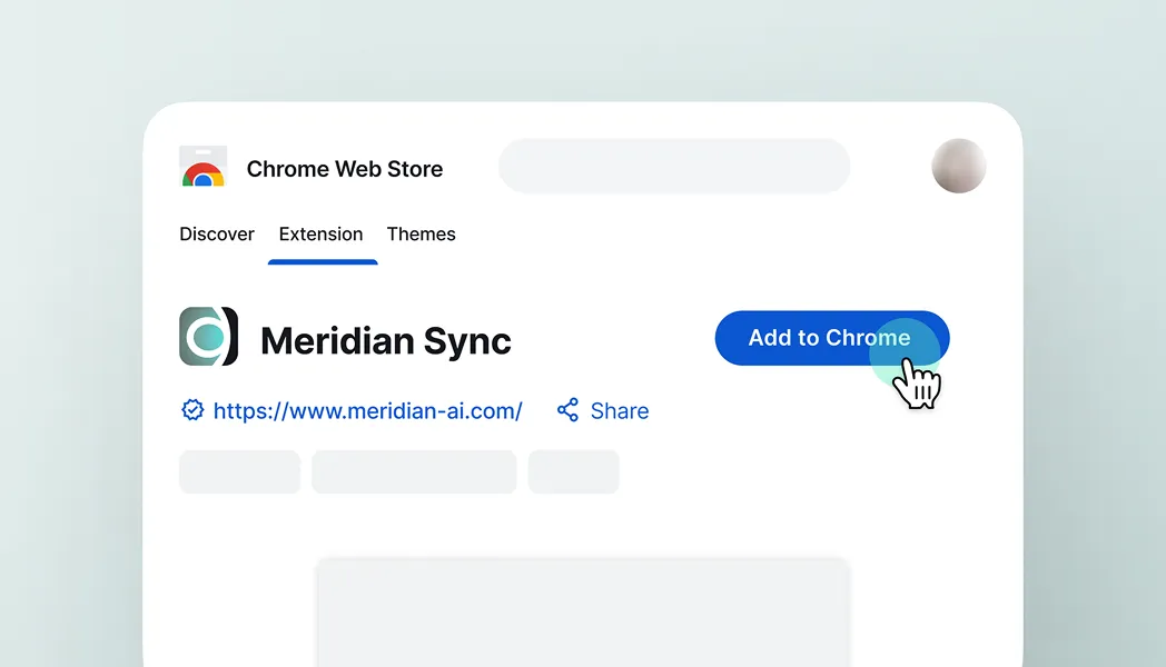 Chrome Web Store page showing Meridian Sync extension with cursor clicking Add to Chrome button.