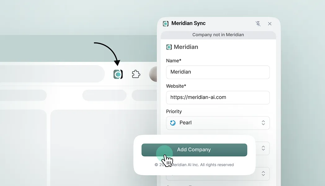 Cursor clicking Add Company button in Meridian Sync extension showing company details form.