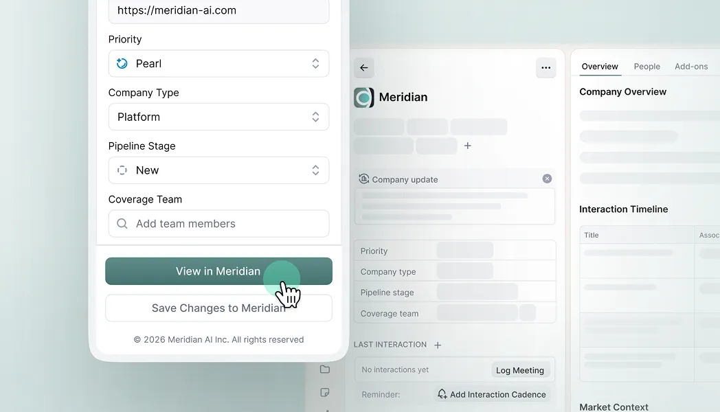 User interface showing company details form with Priority, Company Type, Pipeline Stage, and view button.