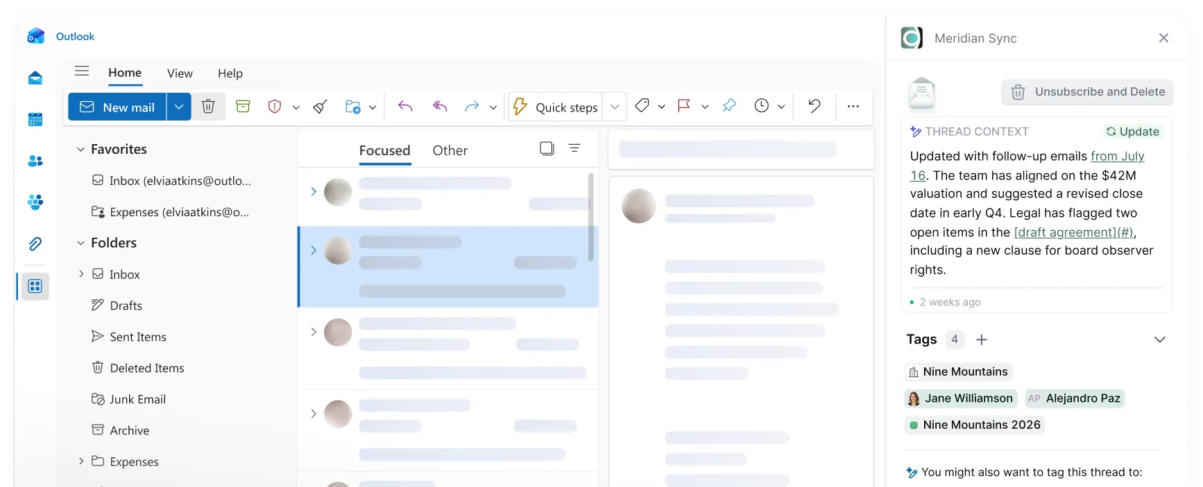Microsoft Outlook inbox showing focused emails and Meridian Sync sidebar with thread context and tags.