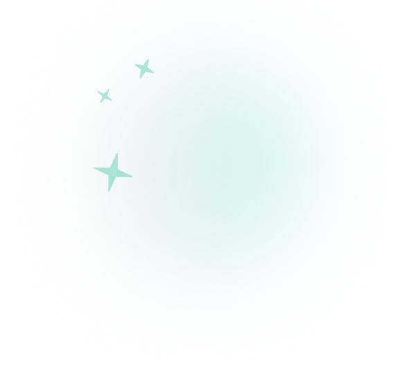 Three teal sparkle icons on a light blue circular gradient background.