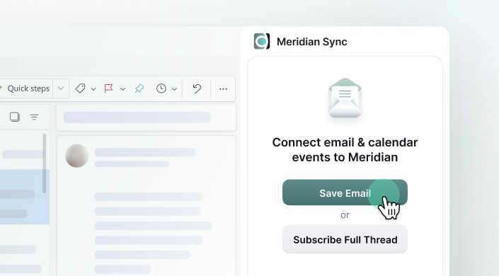 Meridian Sync interface with options to save email or subscribe to full thread for calendar event connection.
