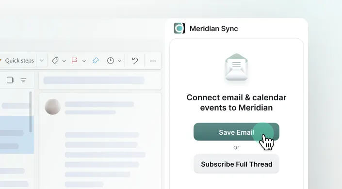 Meridian Sync interface with options to save email or subscribe to full thread for calendar event connection.