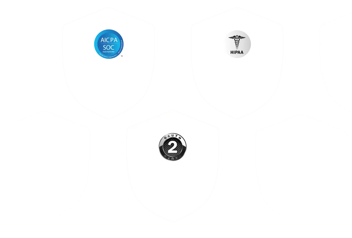 White shields with logos: AICPA SOC, HIPAA medical symbol, and OAuth 2 authentication badge.