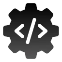 Gray gear icon with code brackets symbol in the center on a white background.