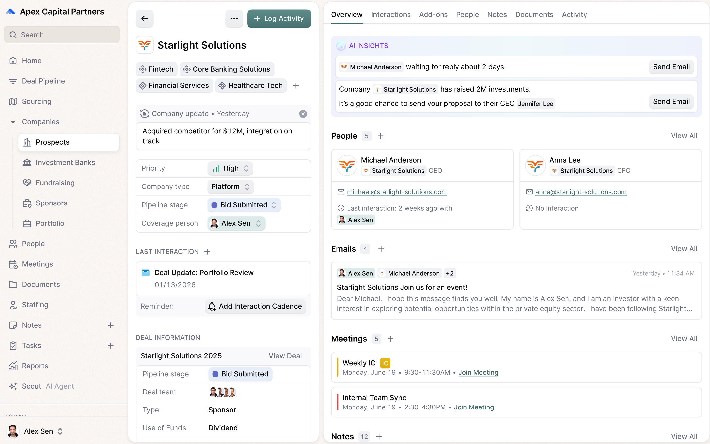 Dashboard of Apex Capital Partners showing Starlight Solutions deal info, interactions, people, emails, and meetings.