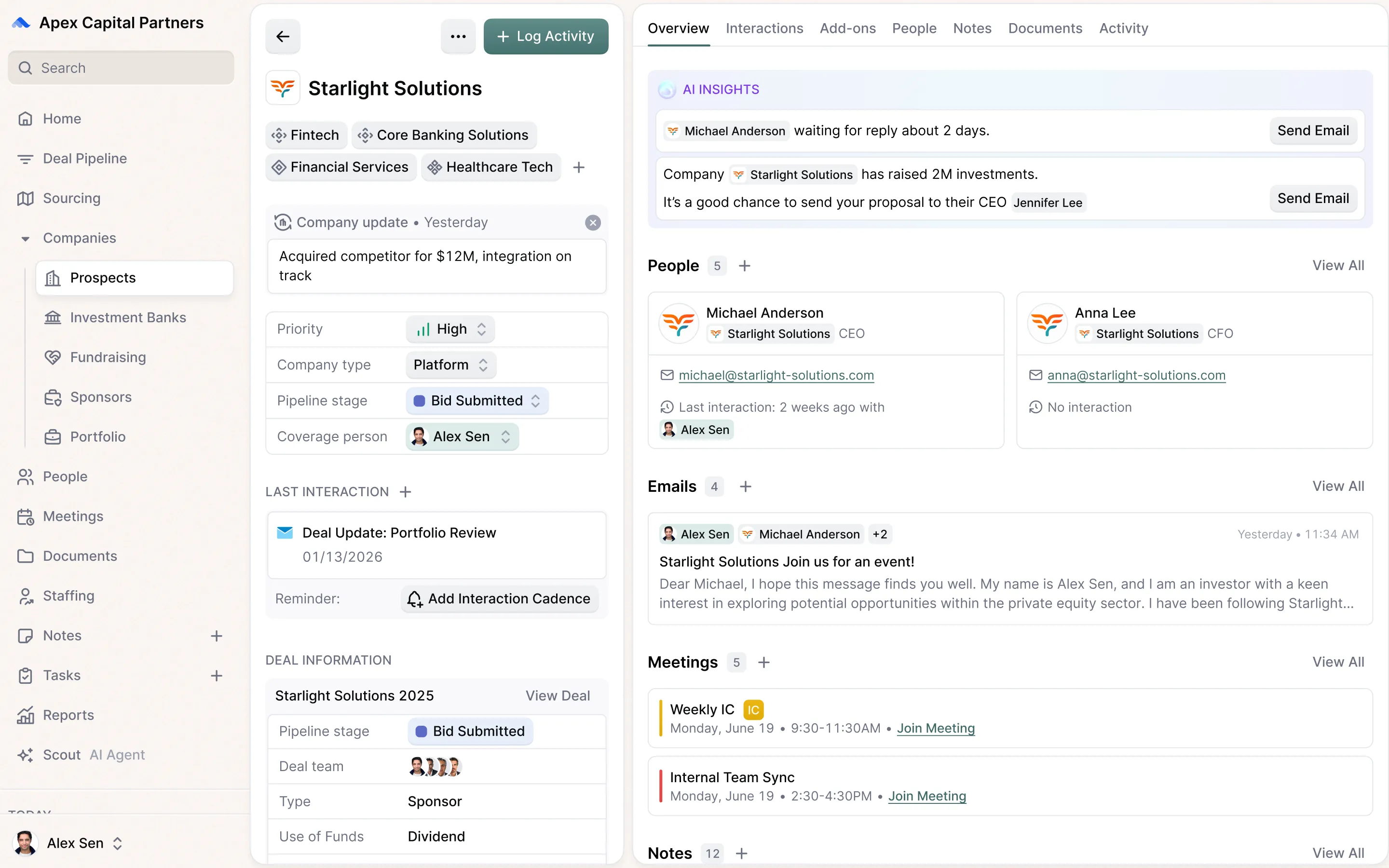 Dashboard of Apex Capital Partners showing Starlight Solutions deal info, interactions, people, emails, and meetings.