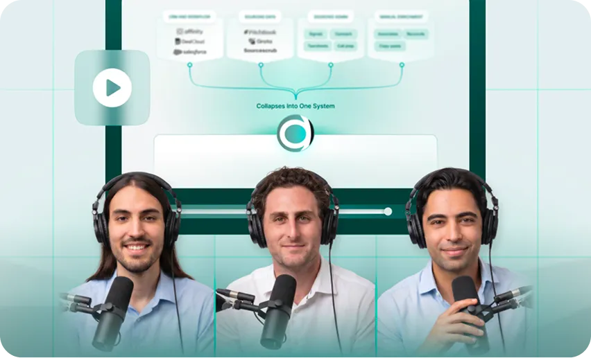 Three men wearing headphones speaking into microphones in front of a digital presentation screen.