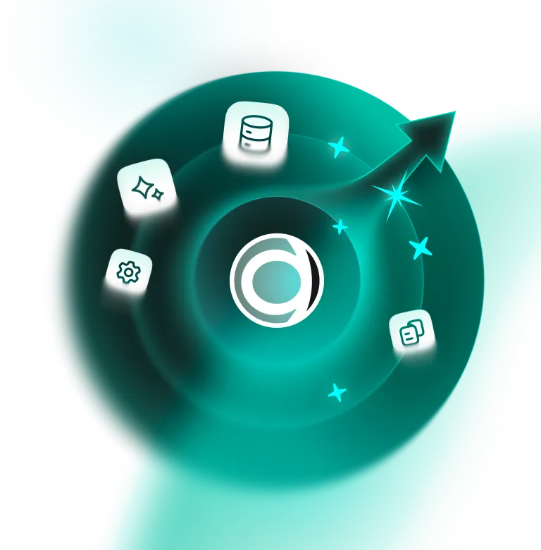 Abstract teal spiral with an arrow pointing outwards and icons of database, sparkle, gear, and documents.