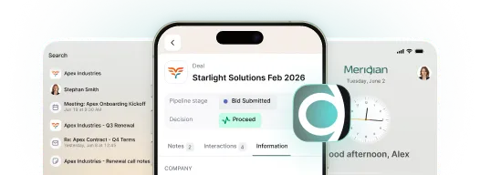 Smartphone screen showing a deal with Starlight Solutions Feb 2026 and pipeline stage marked as Bid Submitted with Decision marked Proceed, alongside notes, interactions, and information tabs. Behind the phone is a partial interface displaying a search panel with recent activities and a clock showing Tuesday, June 2 with greeting 'Good afternoon, Alex.'