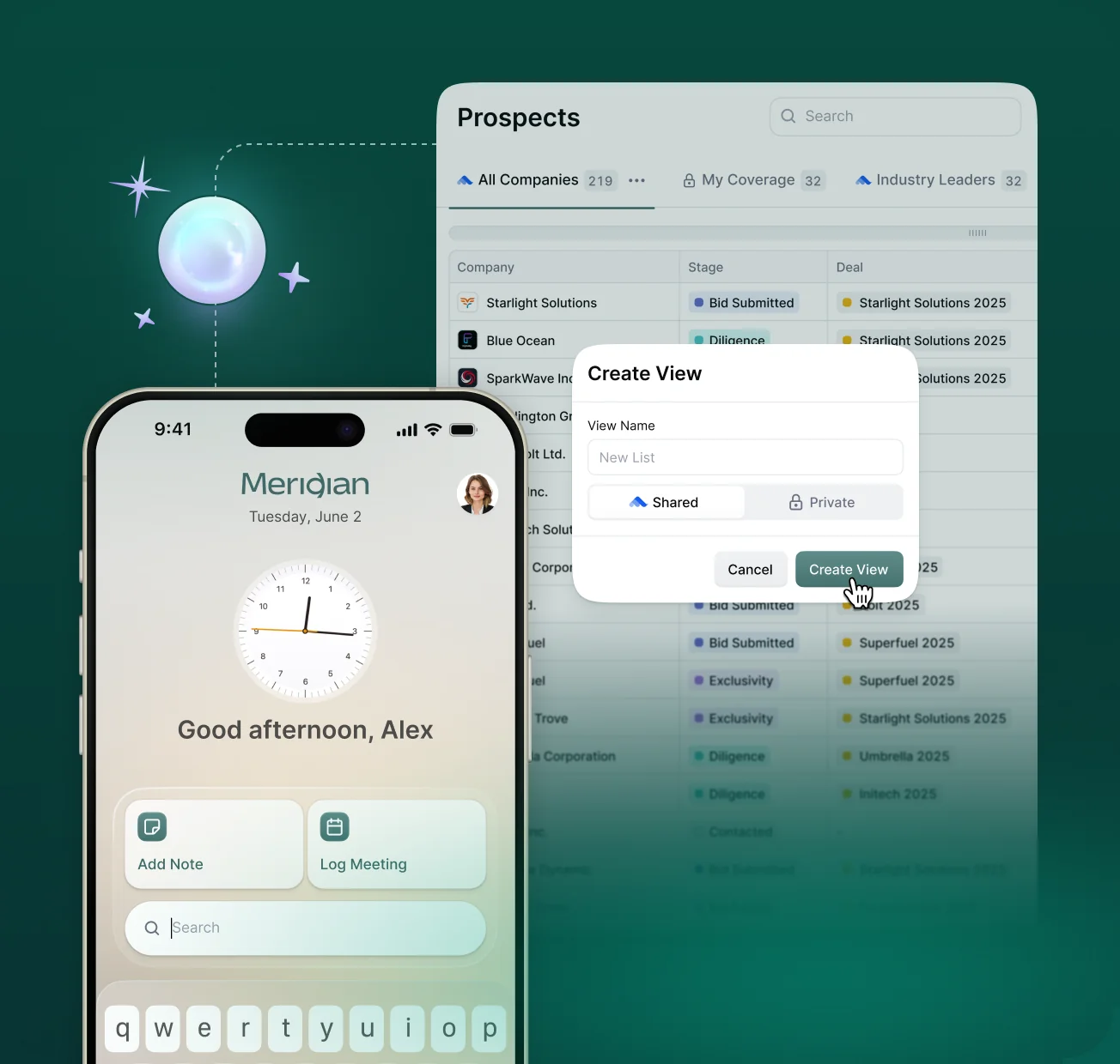 Meridian mobile app and a customizable prospects view with a create view dialog