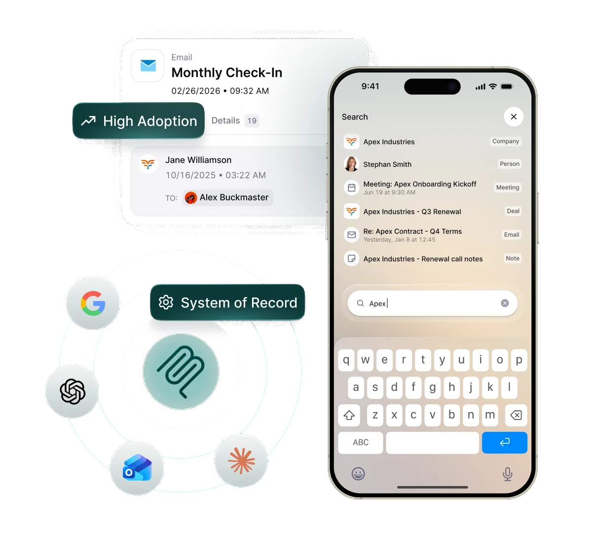Meridian email check-in and mobile search, with Google, ChatGPT, Outlook and Claude connected to the system of record