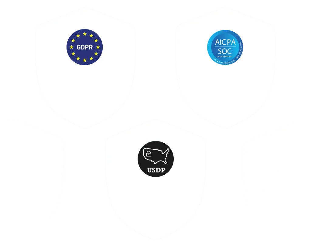 Three white shield icons on a transparent background displaying data security certifications: top left with GDPR surrounded by yellow stars in a blue circle, top right with AICPA SOC in a blue circle, and bottom center with USDP, showing a lock on a map of the United States in a black circle.