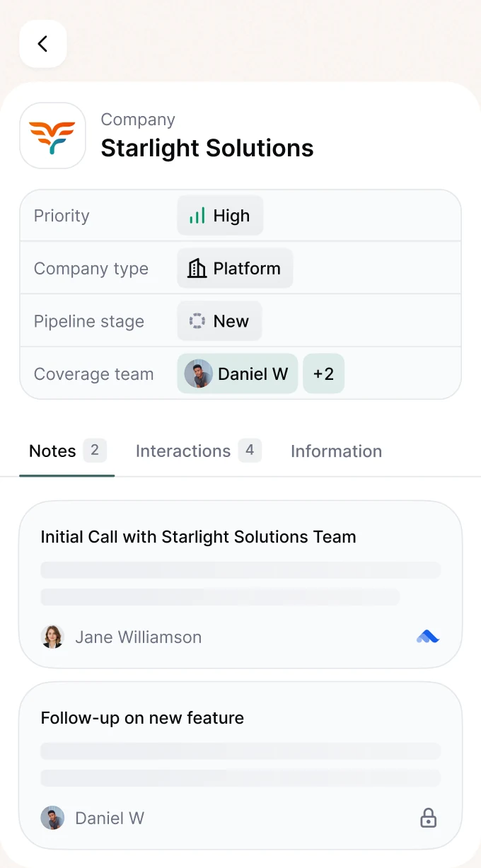 Meridian company record on mobile with priority, company type, pipeline stage, coverage team and notes