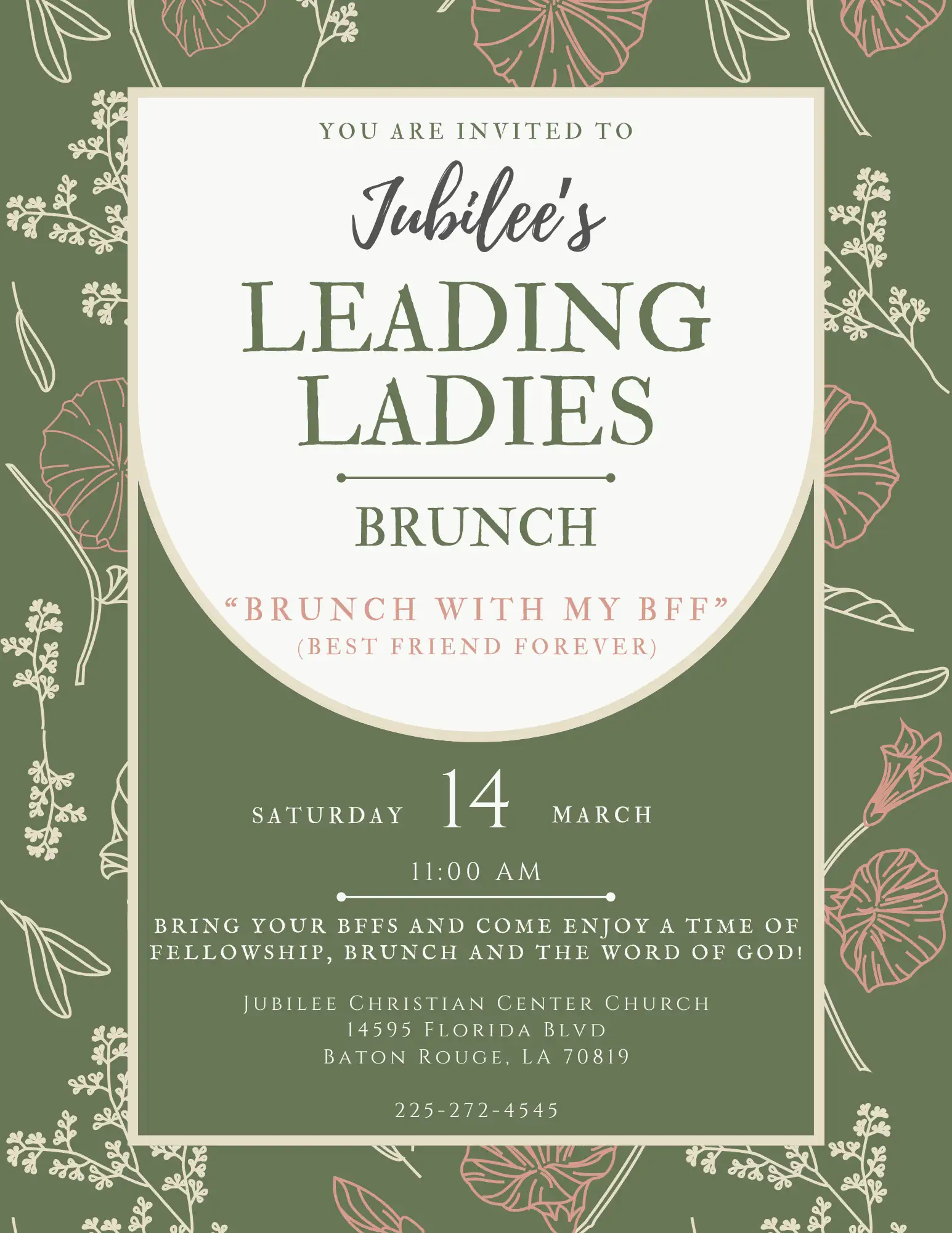 Invitation to Jubilee's Leading Ladies Brunch on Saturday, March 14 at 11:00 AM at Jubilee Christian Center Church, Baton Rouge, LA.
