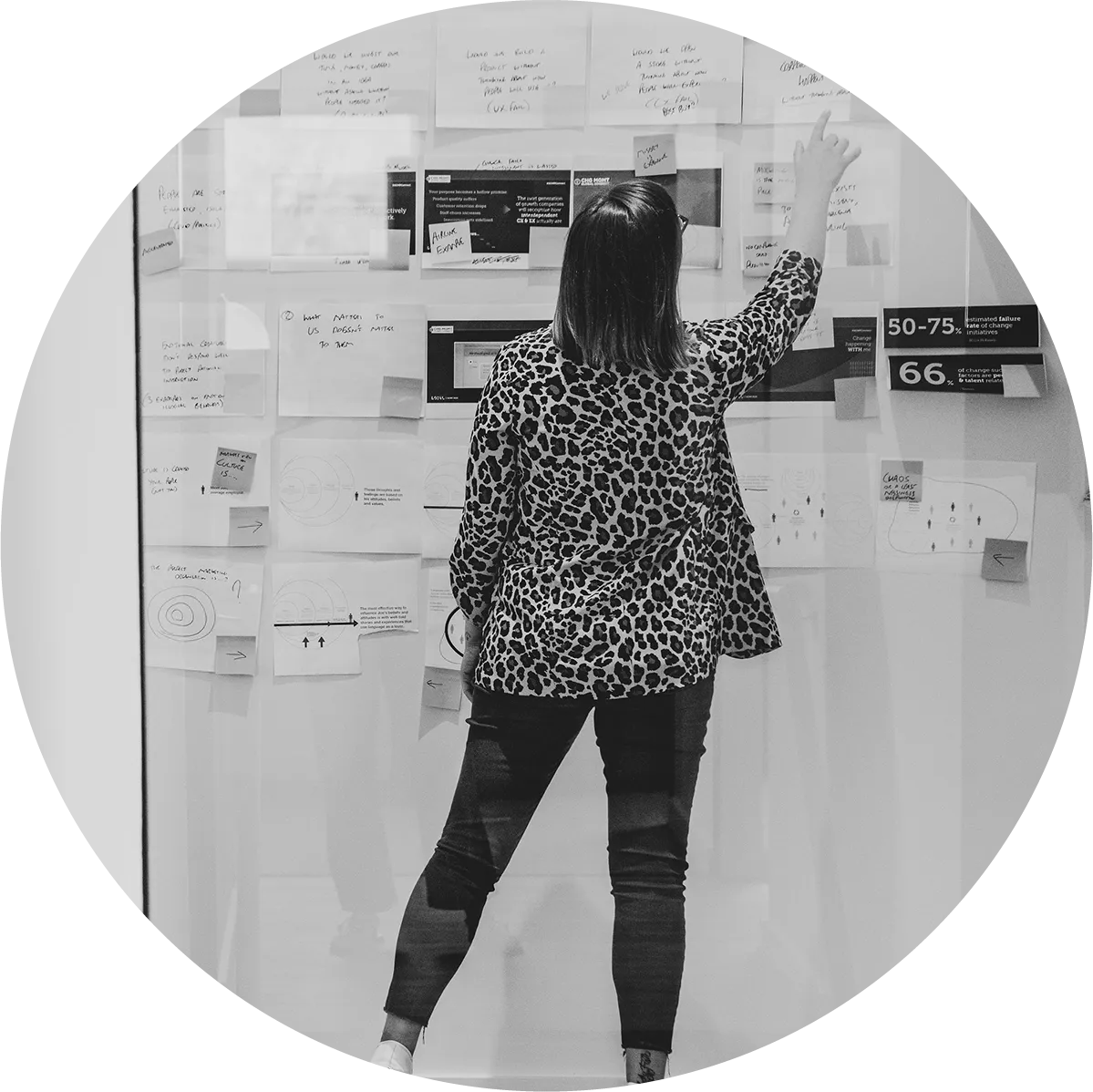 A lady in cheetah print points to a paper on a brainstorming wall covered in notes and photos