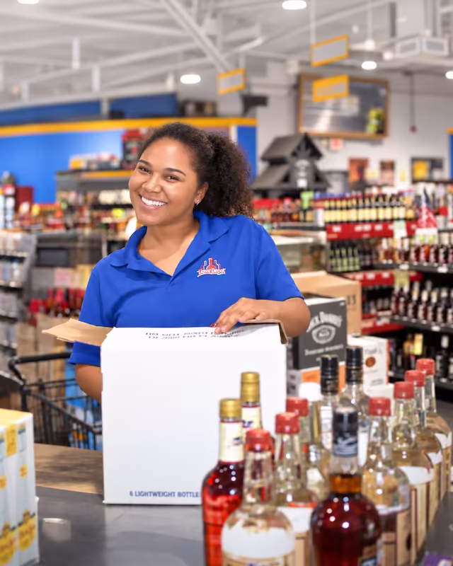 A smiling Liquor Depot team member at the register
