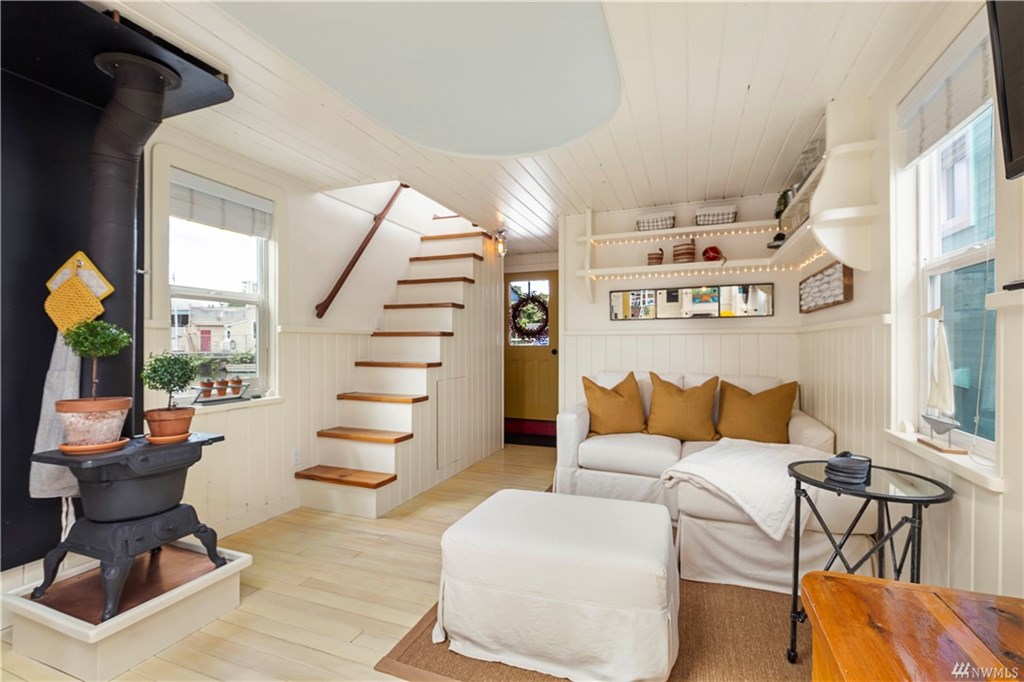 living room with stairs