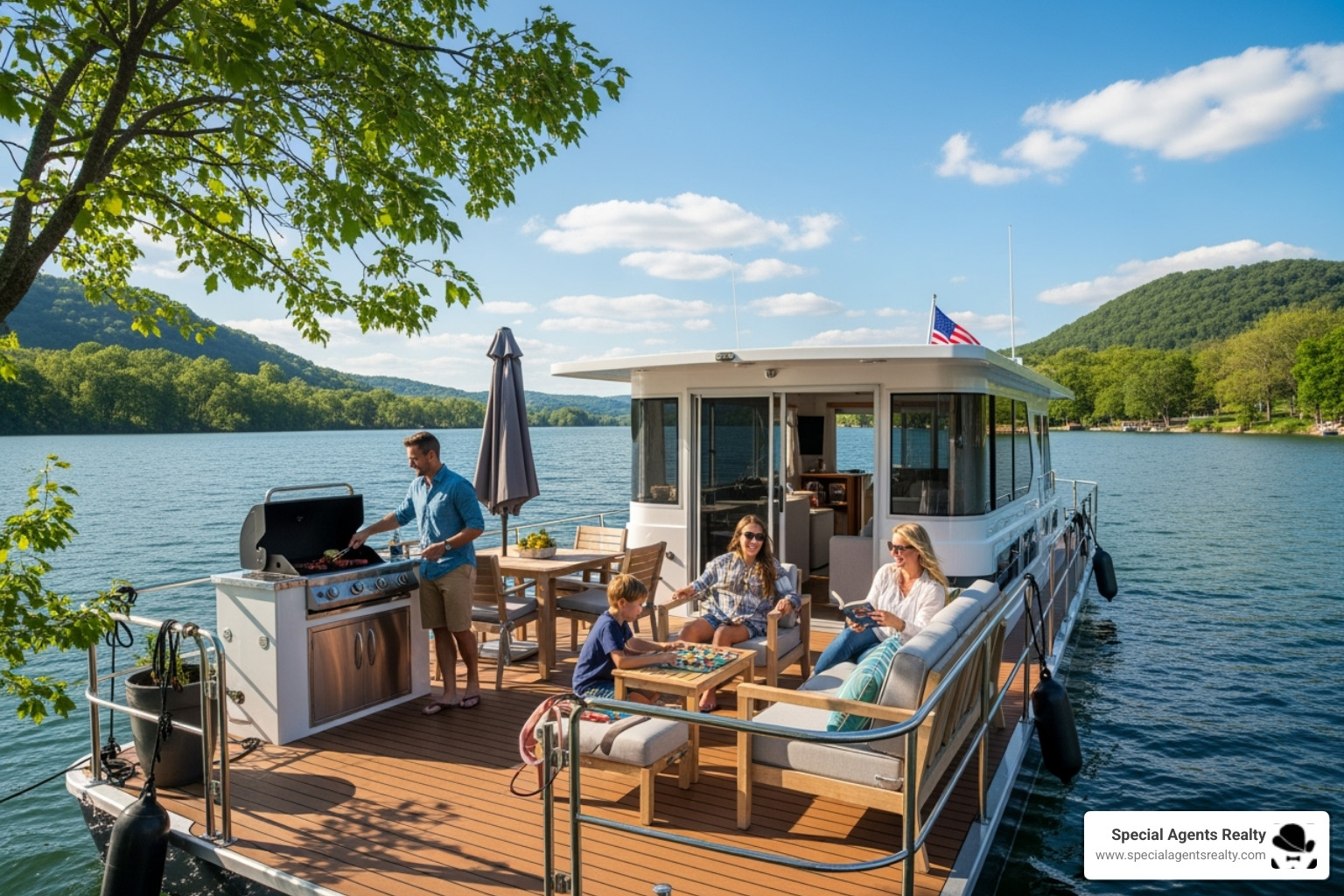 happy family enjoying a large houseboat on a sunny day - huge houseboats for sale