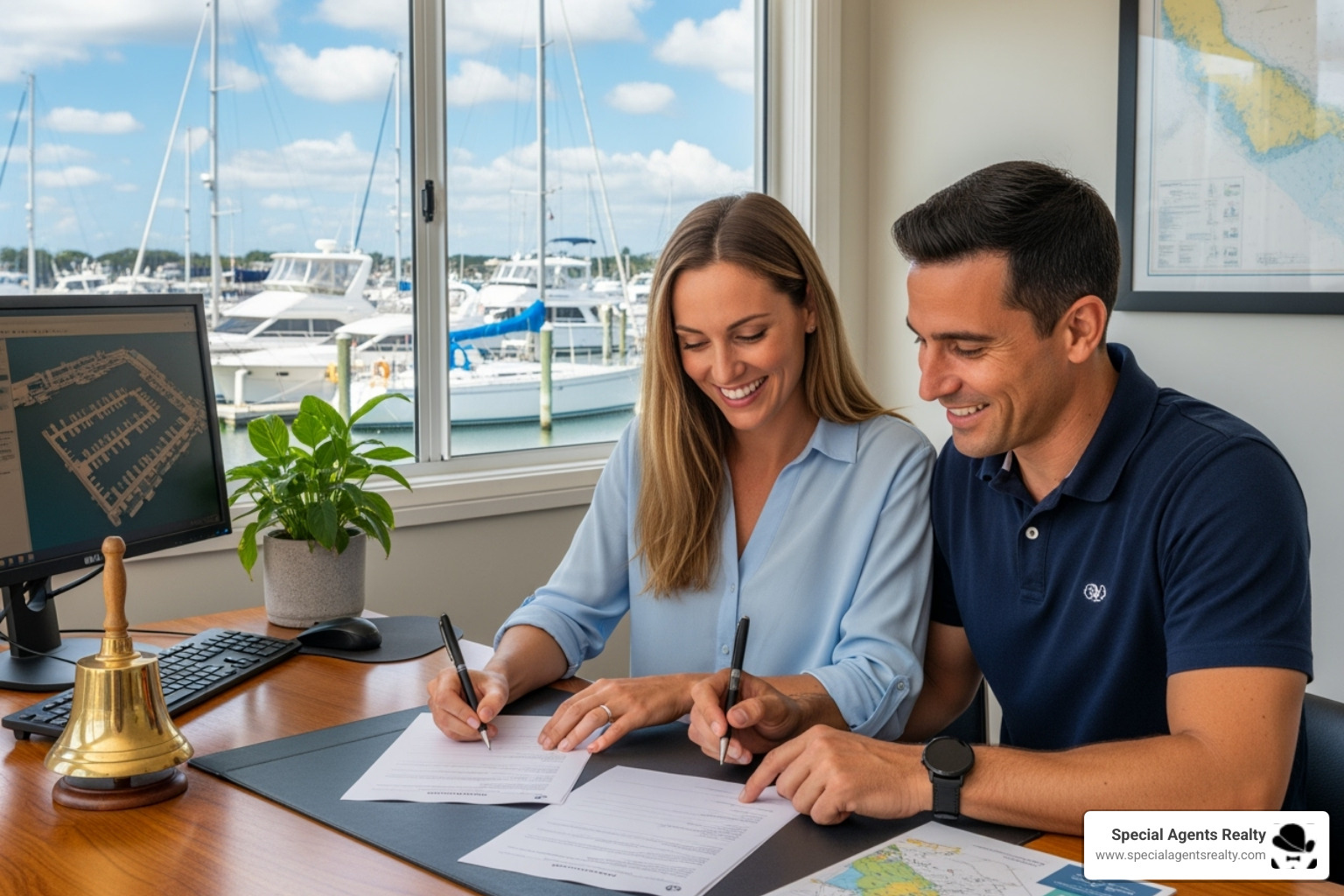 of a couple happily signing paperwork at a marina office - buy a used houseboat of a couple happily signing paperwork at a marina office - buy a used houseboat