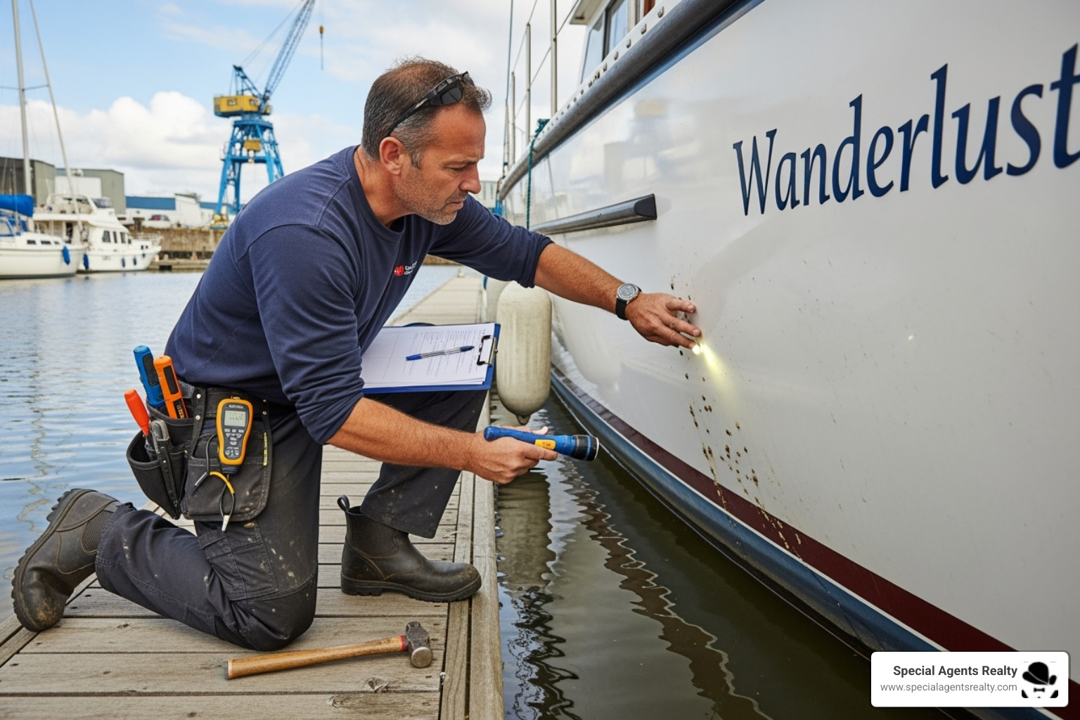 of a marine surveyor inspecting a houseboat's hull - buy a used houseboat of a marine surveyor inspecting a houseboat's hull - buy a used houseboat