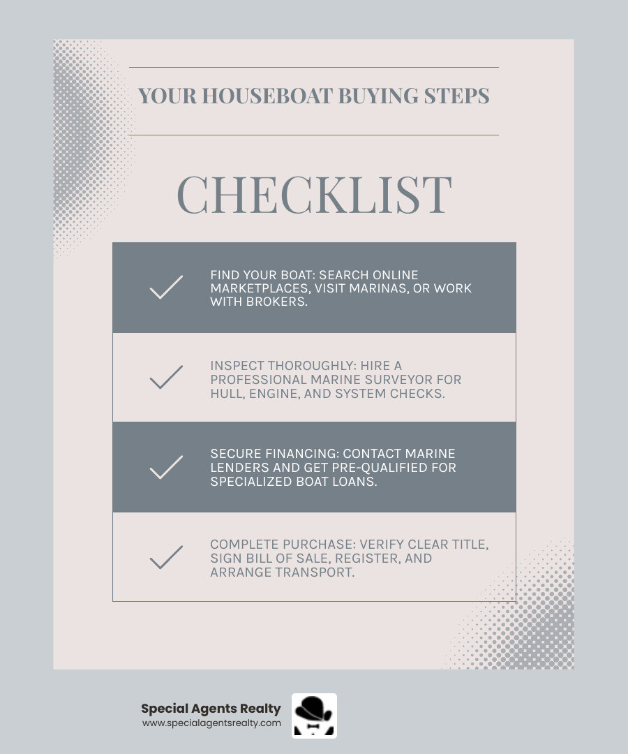 Infographic showing the 4-step process to buy a used houseboat: Step 1 - Find Your Boat (search online marketplaces, visit marinas, work with brokers), Step 2 - Inspect Thoroughly (hire marine surveyor, check hull and engine, test all systems), Step 3 - Secure Financing (contact marine lenders, prepare down payment, get pre-qualified), Step 4 - Complete Purchase (verify title, sign bill of sale, register boat, arrange transport) - buy a used houseboat infographic checklist-light-blue-grey Infographic showing the 4-step process to buy a used houseboat: Step 1 - Find Your Boat (search online marketplaces, visit marinas, work with brokers), Step 2 - Inspect Thoroughly (hire marine surveyor, check hull and engine, test all systems), Step 3 - Secure Financing (contact marine lenders, prepare down payment, get pre-qualified), Step 4 - Complete Purchase (verify title, sign bill of sale, register boat, arrange transport) - buy a used houseboat infographic checklist-light-blue-grey