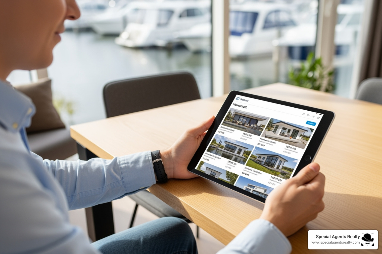 of a person browsing houseboat listings on a tablet - buy a used houseboat of a person browsing houseboat listings on a tablet - buy a used houseboat