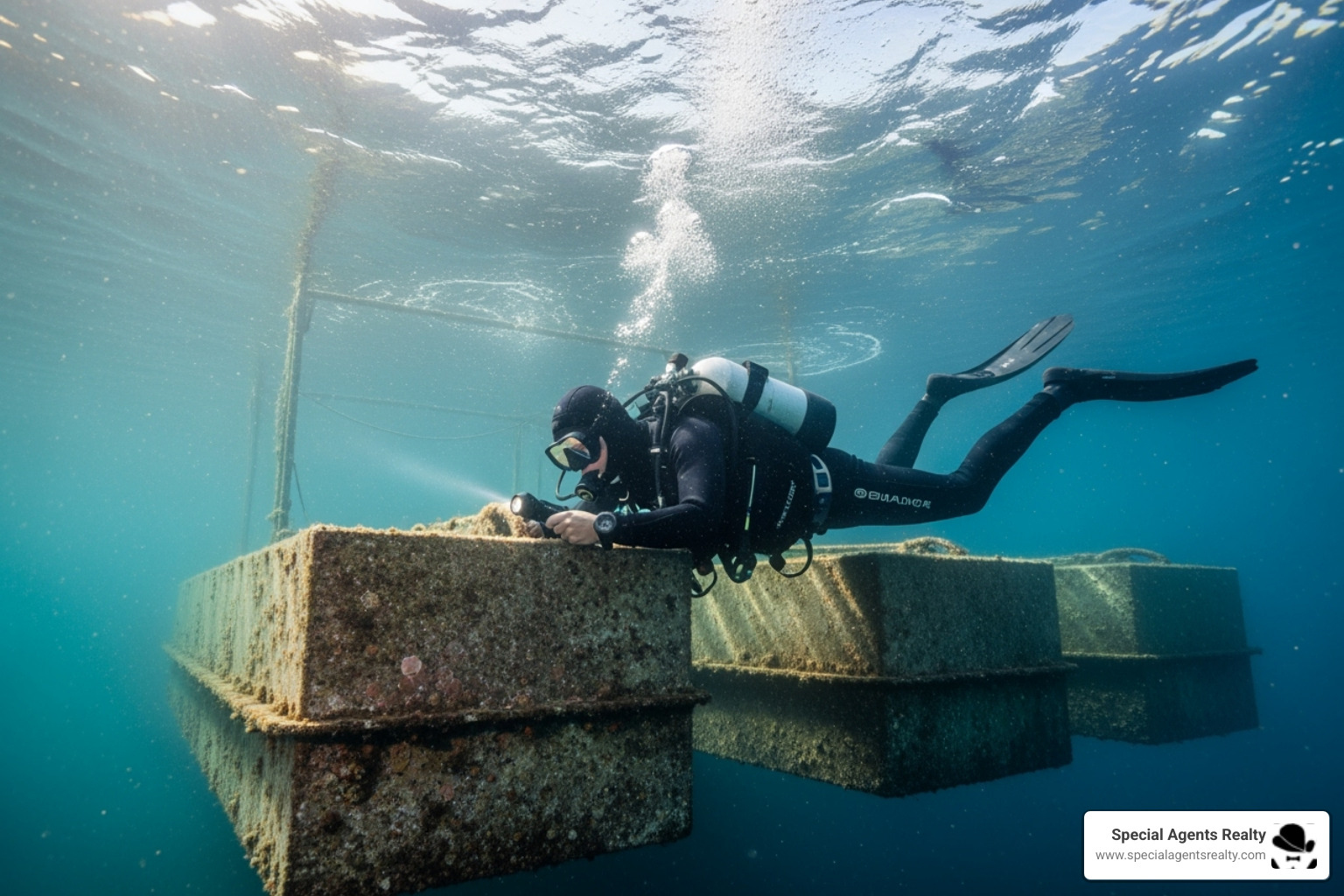 Diver inspecting the float of a floating home - Lake Washington houseboats Diver inspecting the float of a floating home - Lake Washington houseboats